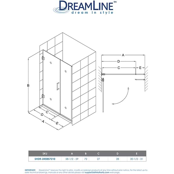 DreamLine Unidoor Plus 58-58.5x72" Reversible Hinged Shower Alcove Door with Clear Glass in Chrome