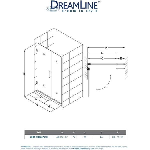 DreamLine Unidoor Plus 59-59.5x72" Reversible Hinged Shower Alcove Door with Clear Glass in Brushed Nickel