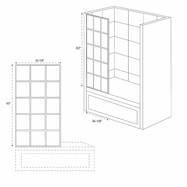 Finestra 34x62" Reversible Fixed Bathtub Door with Grid Clear Glass in Matte Black