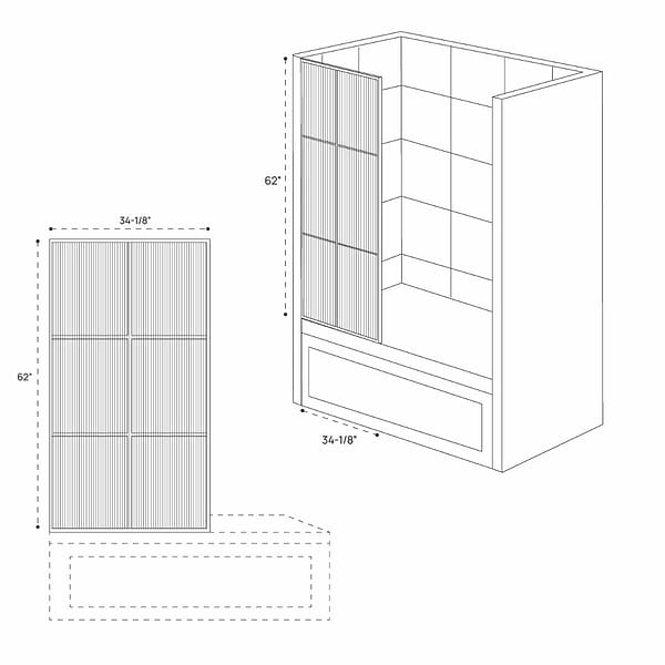 Finestra 34x62" Reversible Fixed Bathtub Door with Large Grid Fluted Glass in Matte Black