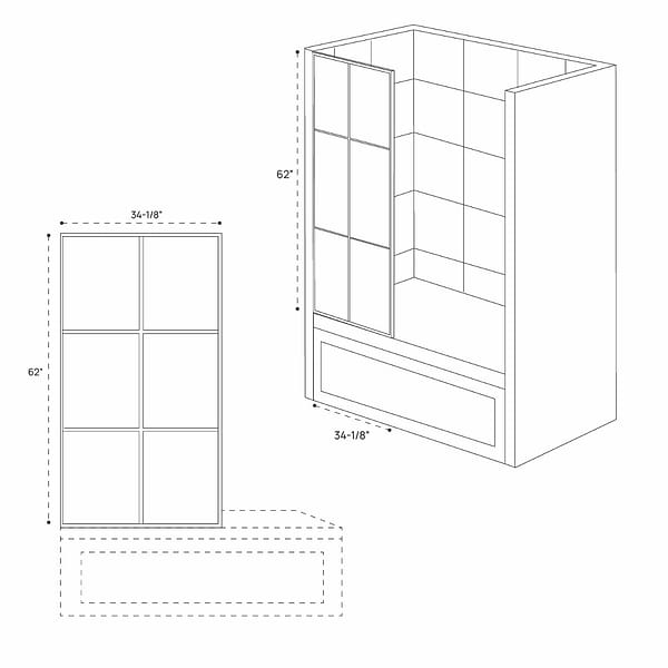 Finestra 34x62" Reversible Fixed Bathtub Door with Large Grid Clear Glass in Matte Black