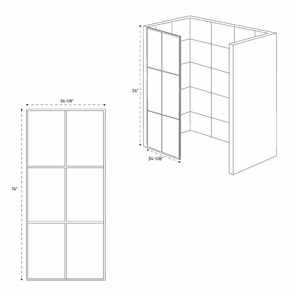 Finestra 34x74" Reversible Fixed Shower Door with Large Grid Clear Glass in Matte Black