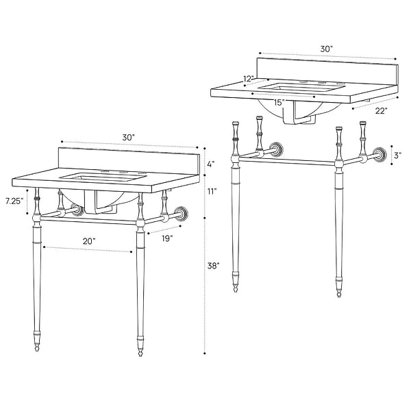 Napoleon Polished Nickel 30" Single Console with Carrara Marble Top Rectangle Sink and Backsplash