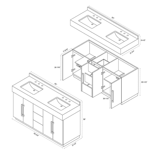 TileBar Studio Vanities Orville Greige Ash 60" Double Vanity without Top