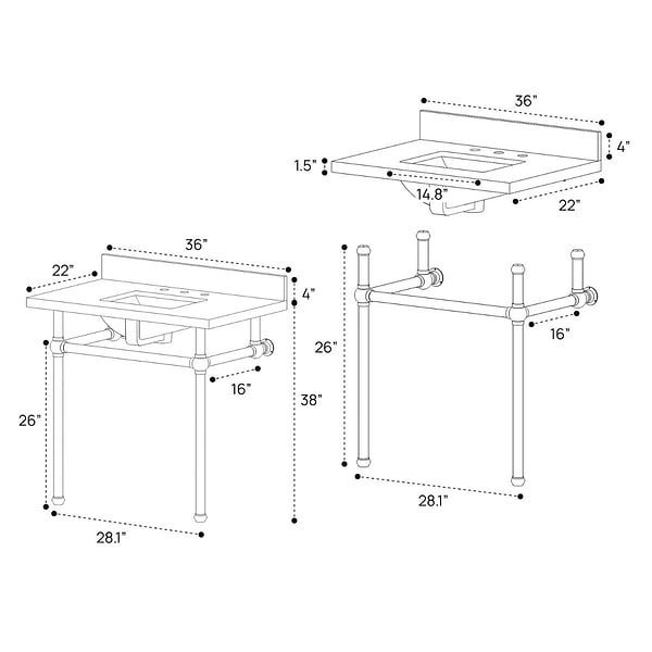 Pierce Polished Chrome 36" Single Console with Rectangle Sink and Black Granite Top