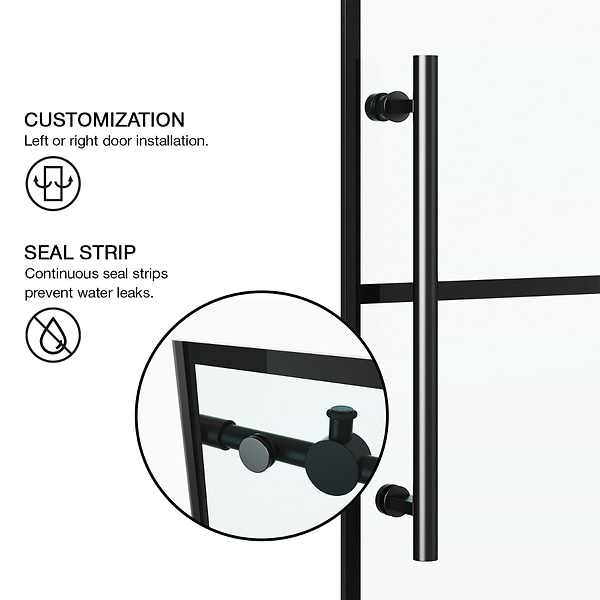 Gemello 72x74 Reversible Sliding Shower Door with Grid Glass in Matte Black