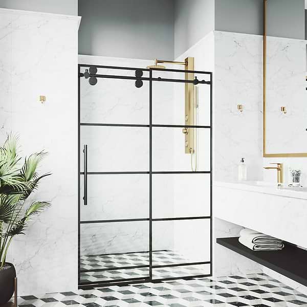 Gemello 72x74 Reversible Sliding Shower Door with Grid Glass in Matte Black