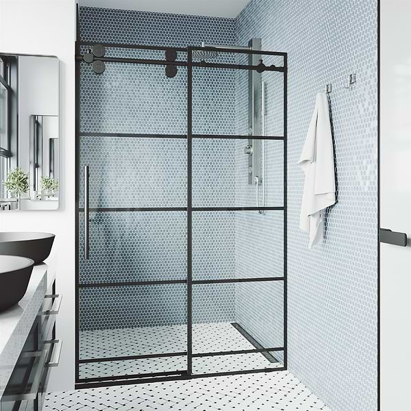 Gemello 72x74 Reversible Sliding Shower Door with Grid Glass in Matte Black