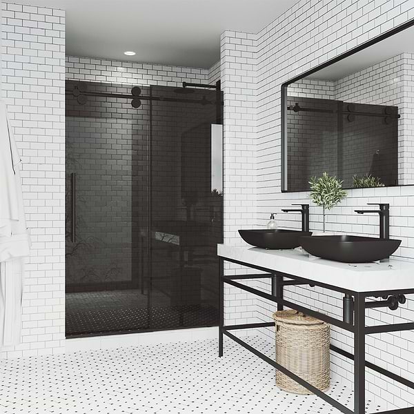 Gemello 60x74 Reversible Sliding Shower Door with Black Glass in Matte Black