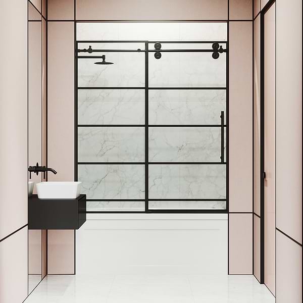 Gemello 60x66 Reversible Sliding Bathtub Door with Grid Glass in Matte Black