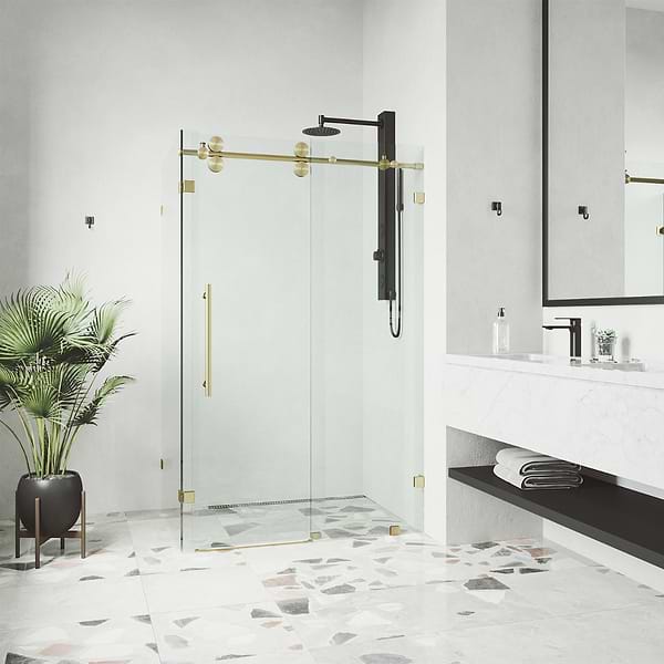 Legato 36x48x74 Reversible Sliding Enclosure Shower Door with Clear Glass in Brushed Gold
