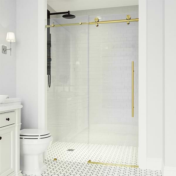 Volare 60x76 Reversible Sliding Shower Door with Clear Glass in Brushed Gold