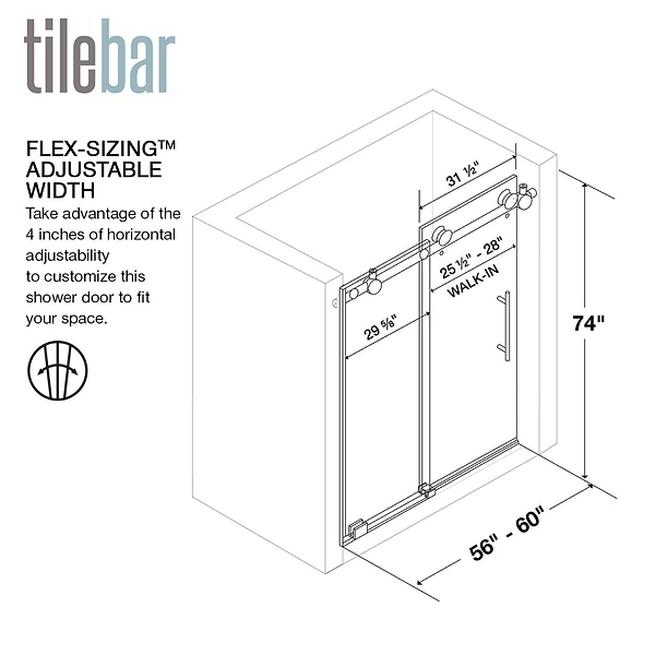 Gemello 60x74 Right Sliding Shower Door with Fluted Glass in Chrome