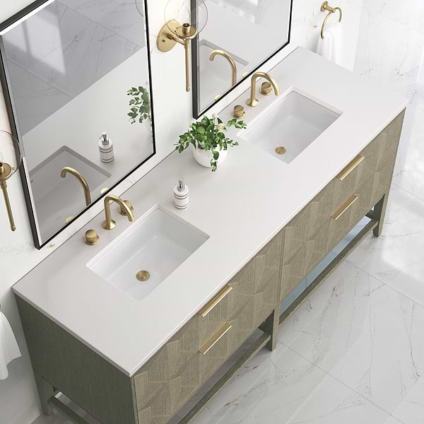 James Martin Vanities Emmeline Pebble Oak 72" Double Vanity with White Zeus Quartz Counter