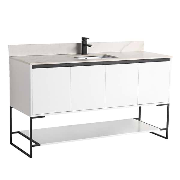 Amani 60" Matte White Single Vanity with Sintered Stone Carrara Top