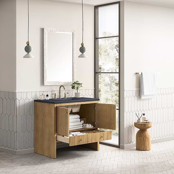 James Martin Vanities Hudson Light Natural Oak Brown 36" Single Vanity with Charcoal Soapstone Quartz Top