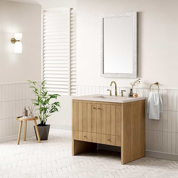 James Martin Vanities Hudson Light Natural Oak Brown 36"  Single Vanity with Eternal Marfil Quartz Top