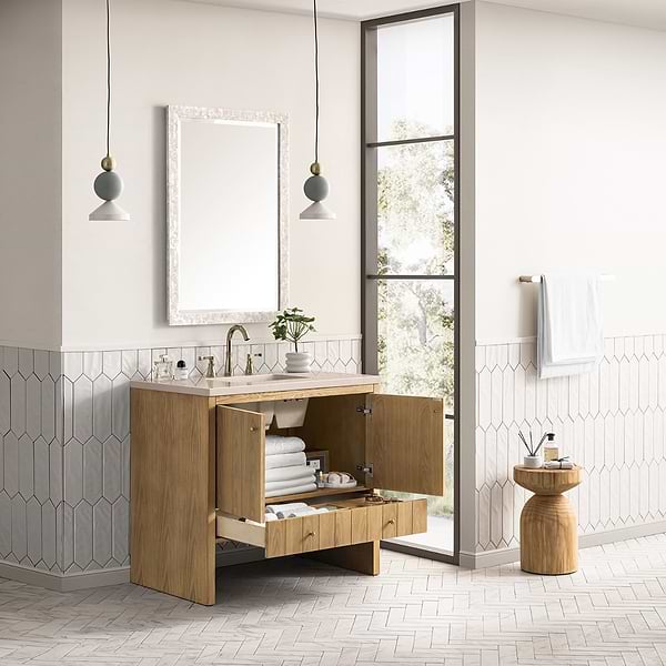 James Martin Vanities Hudson Light Natural Oak Brown 36"  Single Vanity with Eternal Marfil Quartz Top