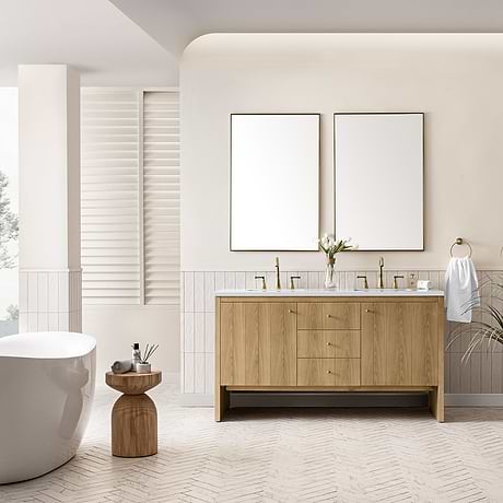 James Martin Vanities Hudson Light Natural Oak Brown 60"  Double Vanity with White Zeus Quartz Top