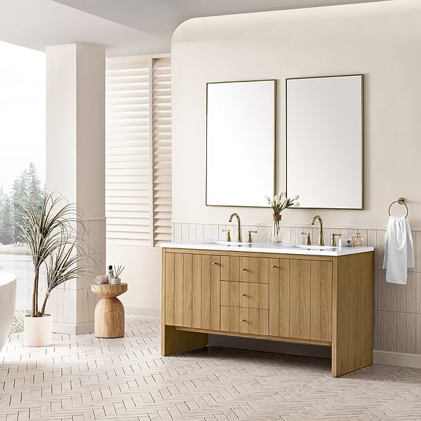 James Martin Vanities Hudson Light Natural Oak Brown 60"  Double Vanity with White Zeus Quartz Top