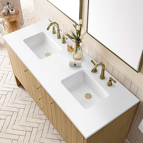 James Martin Vanities Hudson Light Natural Oak Brown 60"  Double Vanity with White Zeus Quartz Top