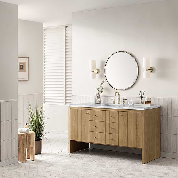 James Martin Vanities Hudson Light Natural Oak Brown 60"  Double Vanity with Carrara Marble Top