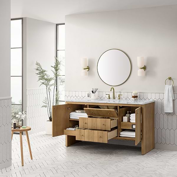 James Martin Vanities Hudson Light Natural Oak Brown 60"  Double Vanity with Carrara Marble Top