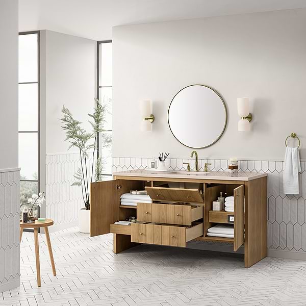 James Martin Vanities Hudson Light Natural Oak Brown 60"  Single Vanity with Eternal Marfil Quartz Top
