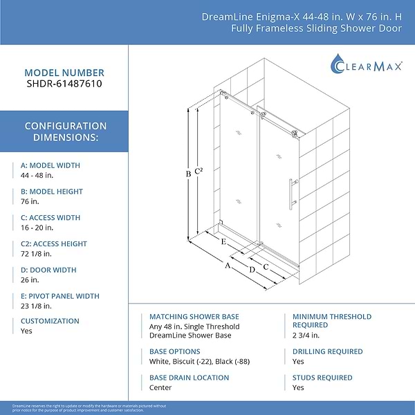 DreamLine Enigma-X 48x76 Reversible Sliding Shower Alcove Door with Clear Glass in Brushed Stainless Steel