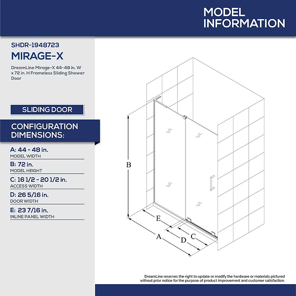 DreamLine Mirage-X 48x72 Right Sliding Shower Alcove Door with Clear Glass in Brushed Nickel