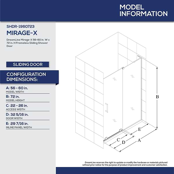 DreamLine Mirage-X 60x72 Right Sliding Shower Alcove Door with Clear Glass in Chrome