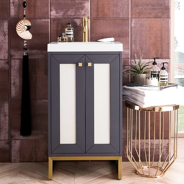 James Martin Vanities Chianti Mineral Gray 20" Single Vanity with Gold Hardware and White Counter