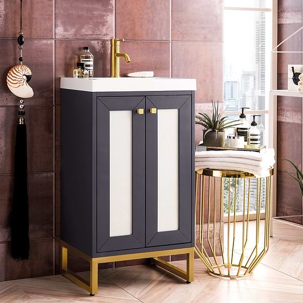 James Martin Vanities Chianti Mineral Gray 20" Single Vanity with Gold Hardware and White Counter