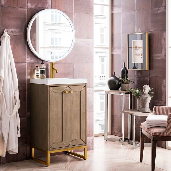 James Martin Vanities Chianti Whitewashed Walnut 20" Single Vanity with Gold Hardware and White Counter