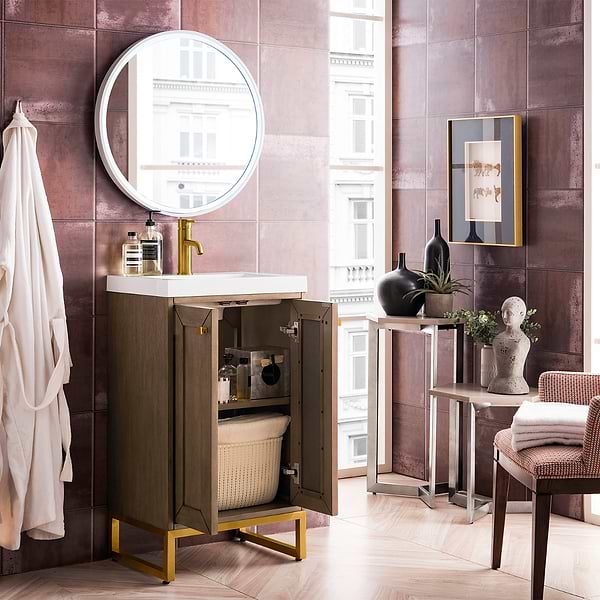 James Martin Vanities Chianti Whitewashed Walnut 20" Single Vanity with Gold Hardware and White Counter