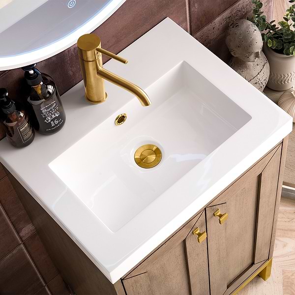 James Martin Vanities Chianti Whitewashed Walnut 20" Single Vanity with Gold Hardware and White Counter