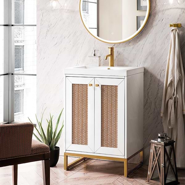 James Martin Vanities Chianti Glossy White 24" Single Vanity with Gold Hardware and White Counter