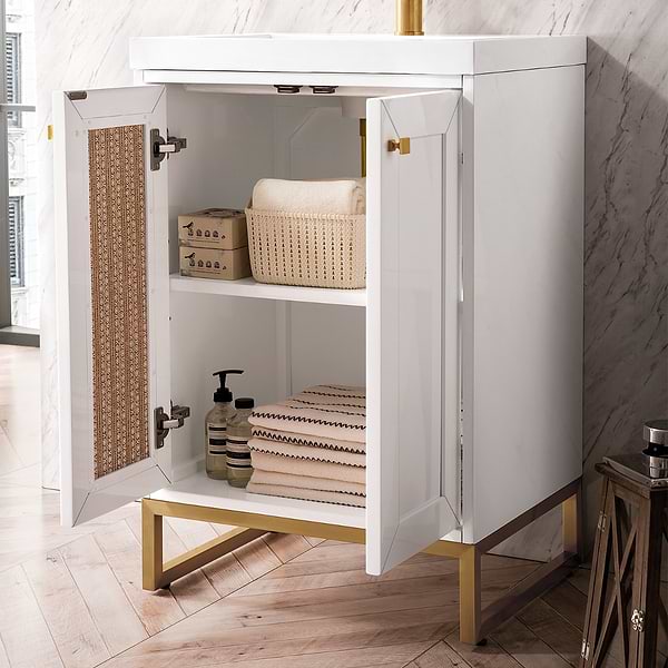 James Martin Vanities Chianti Glossy White 24" Single Vanity with Gold Hardware and White Counter