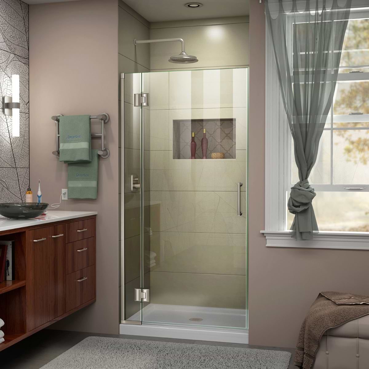 DreamLine Unidoor-X 34x72 Reversible Hinged Shower Alcove Door with Clear Glass in Brushed Nickel