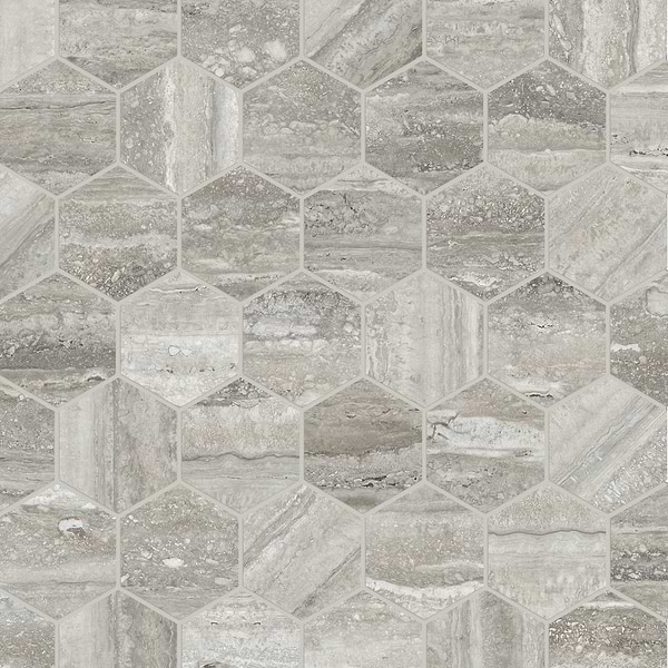 Luminere Travertino Instrata Gray 2" Hexagon Polished Porcelain Mosaic Tile in Gray, View 1