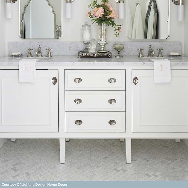 Filigree White Asian Statuary 1x2 Polished Marble Mosaic in White base with gray and gold veining, View 5, open zoomed image