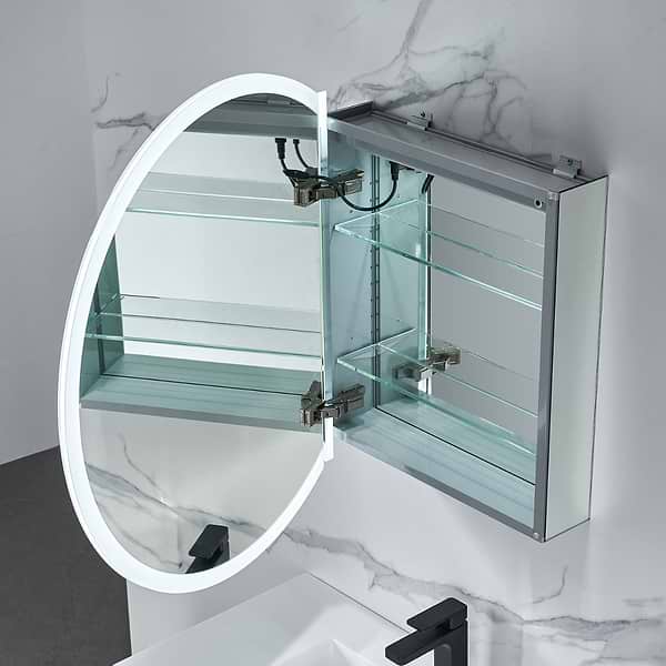 Radium Silver 32" Round Recessed or Wall Mounted Left-Hand LED Medicine Cabinet with Mirror in Silver, View 5, open zoomed image