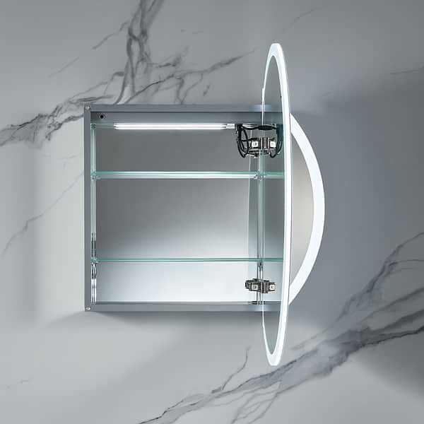 Radium Silver 32" Round Recessed or Wall Mounted Right-Hand LED Medicine Cabinet with Mirror in Silver, View 5, open zoomed image