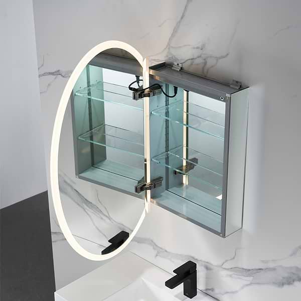 Radium Silver 24x36" Oval Recessed or Wall Mounted Left-Hand LED Medicine Cabinet with Mirror in Silver, View 5, open zoomed image