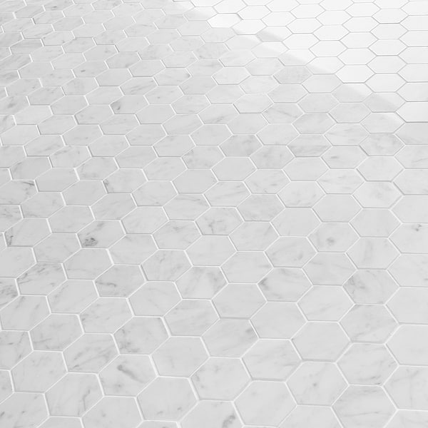 Bianco Carrara 2" Hexagon Polished Marble Mosaic Tile in White, View 4, open zoomed image