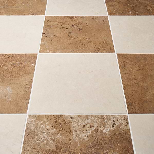 Alterno Noce Dark Brown Cross Cut and Crema Ella Beige 12x12 Honed Travertine and Marble Checkerboard Tile