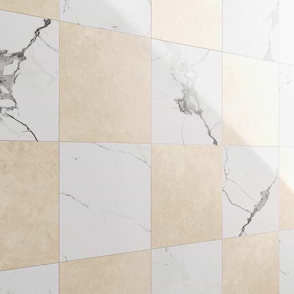Fortunato Calacatta White and Marfil Beige 12x12 Polished Porcelain Checkerboard Tile