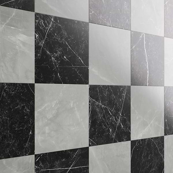 Fortunato Amani Gray and Nero Marquina Black 12x12 Polished Porcelain Checkerboard Tile