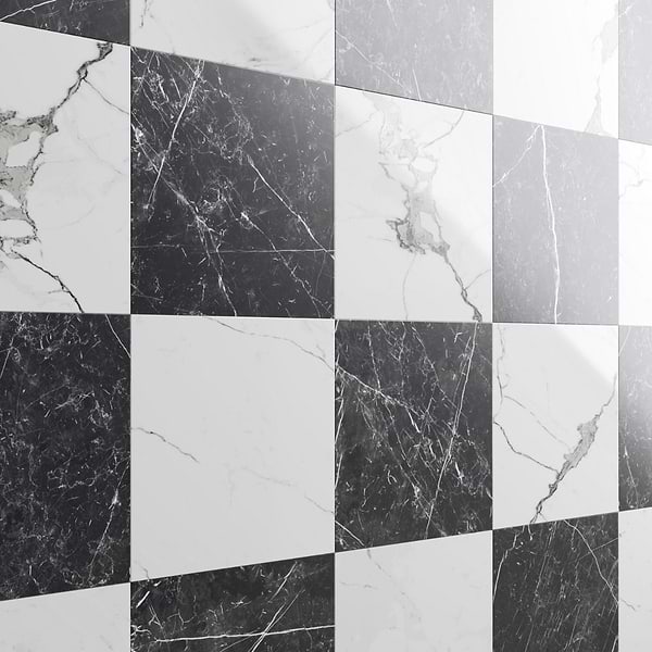 Fortunato Calacatta White and Nero Marquina Black 12x12 Polished Porcelain Checkerboard Tile