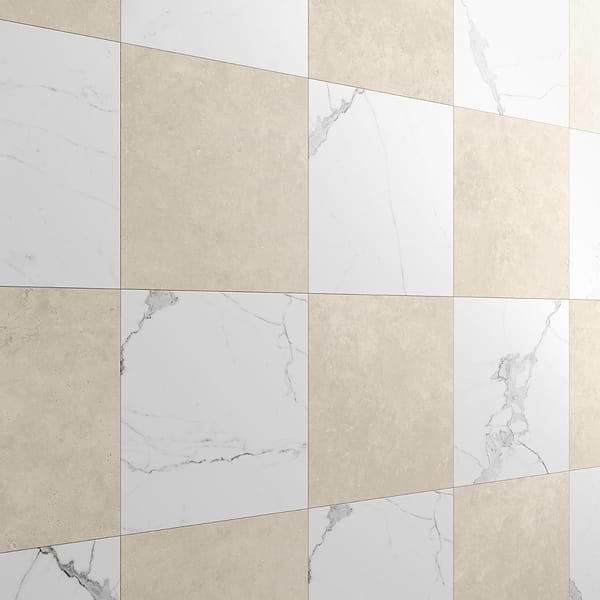 Fortunato Calacatta White and Marfil Beige 12x12 Matte Porcelain Checkerboard Tile